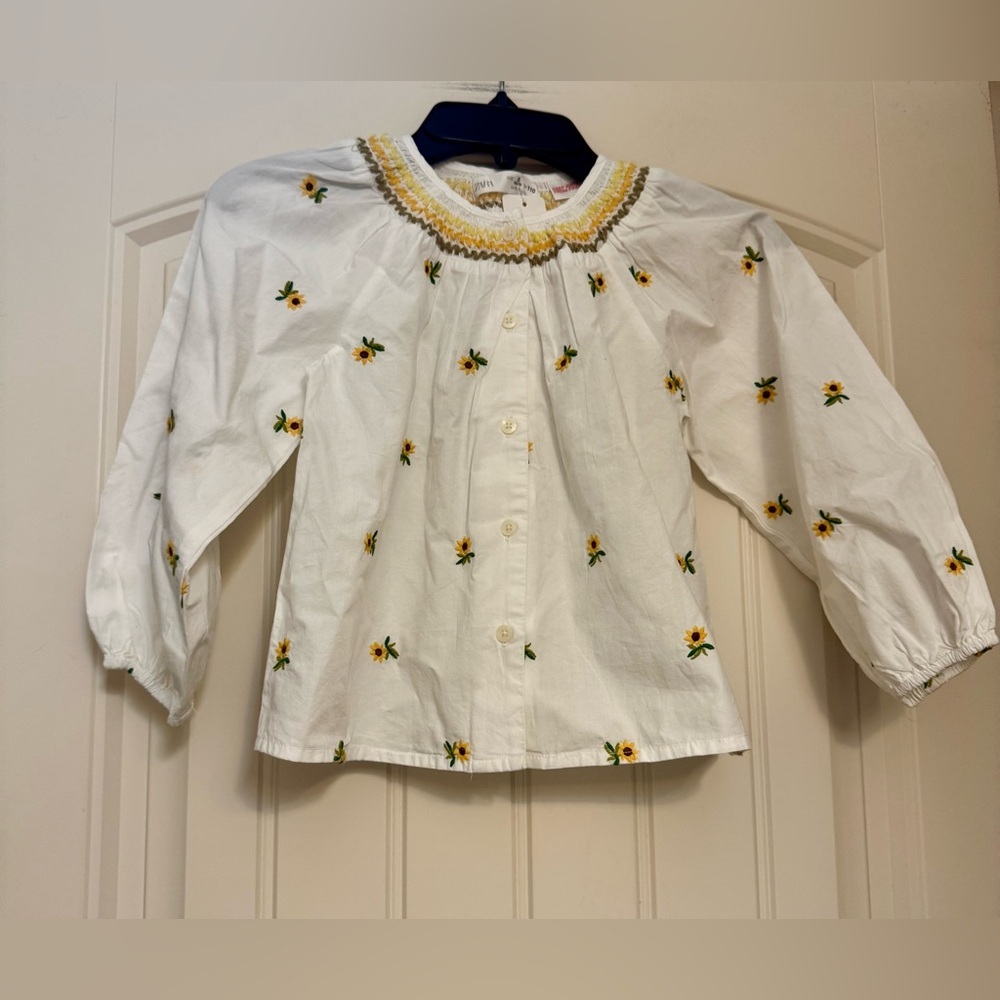 Zara Girls Embroidered Sunflower Smocked Blouse – Size 5